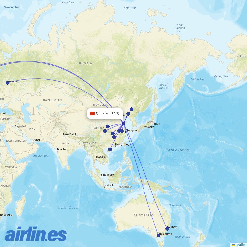Beijing Capital Airlines from Qingdao Jiaodong International Airport destination map