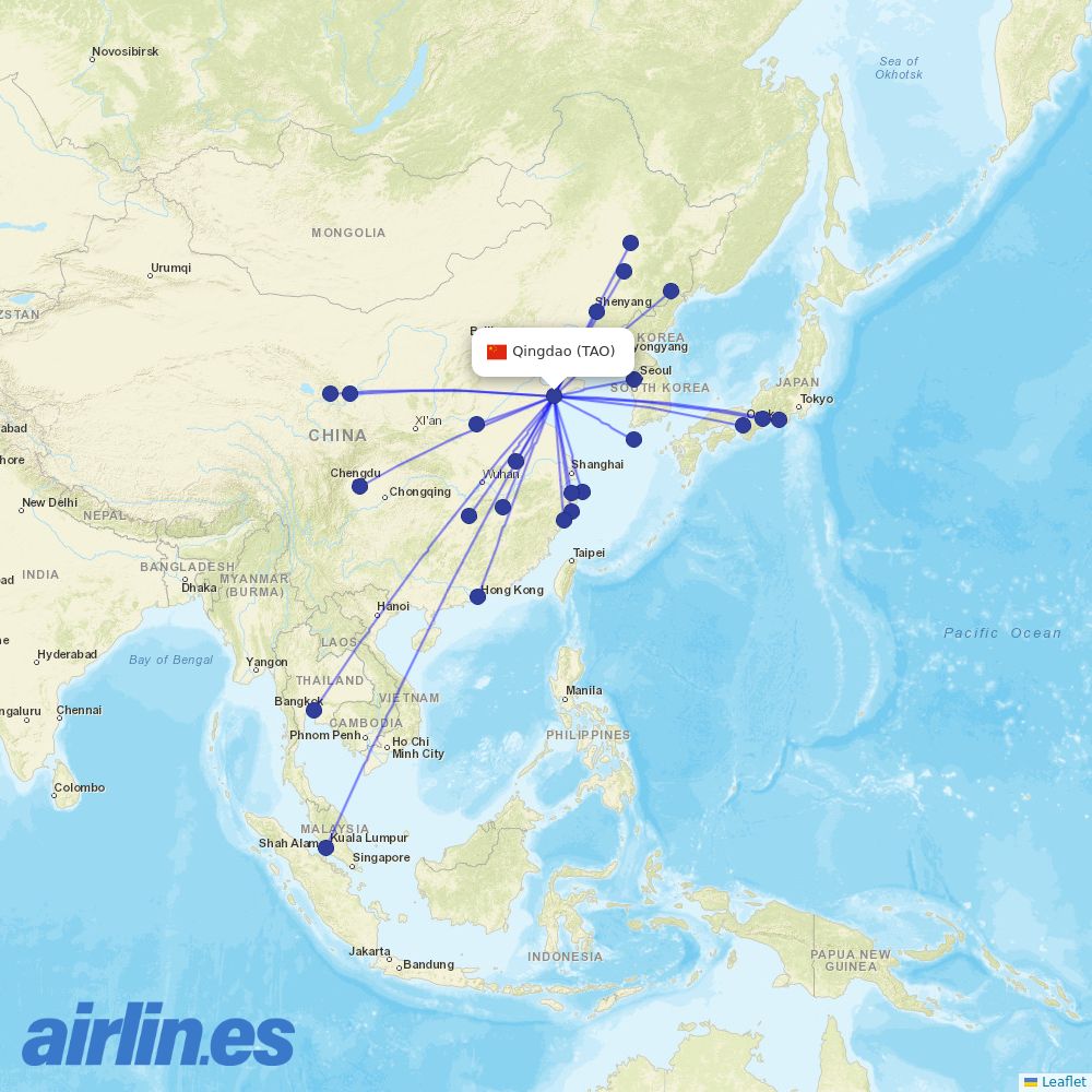 Qingdao Airlines from Qingdao Jiaodong International Airport destination map