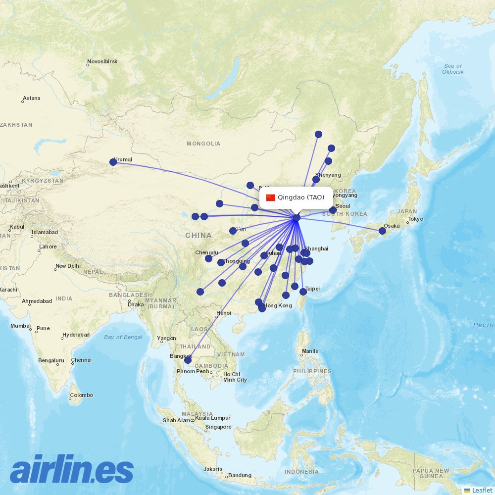 Shandong Airlines from Qingdao Jiaodong International Airport destination map