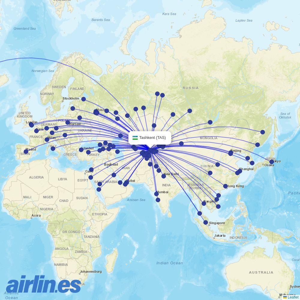 Ural Airlines from Islam Karimov Tashkent International Airport destination map