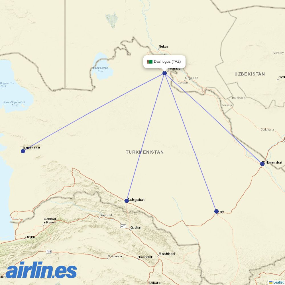 Turkmenistan Airlines at TAZ route map