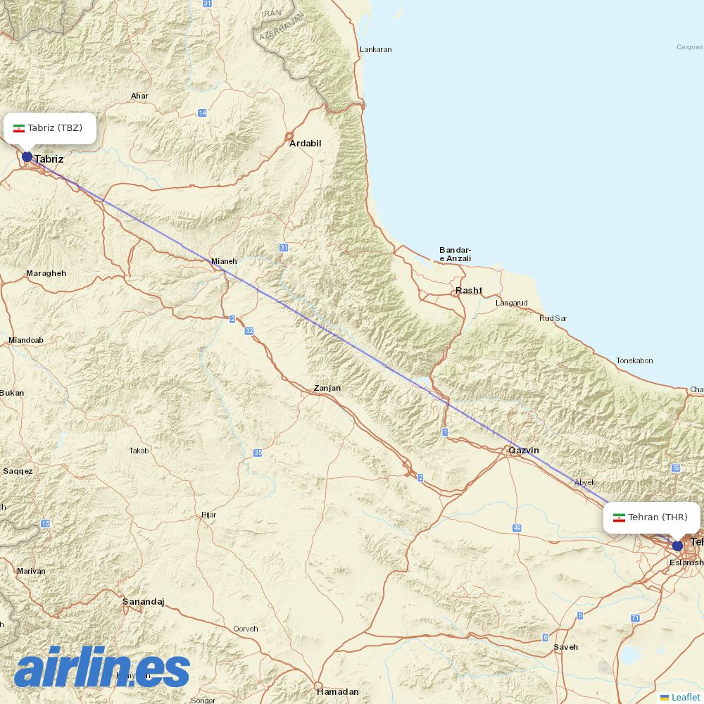 Iran Aseman Airlines from Tabriz International destination map