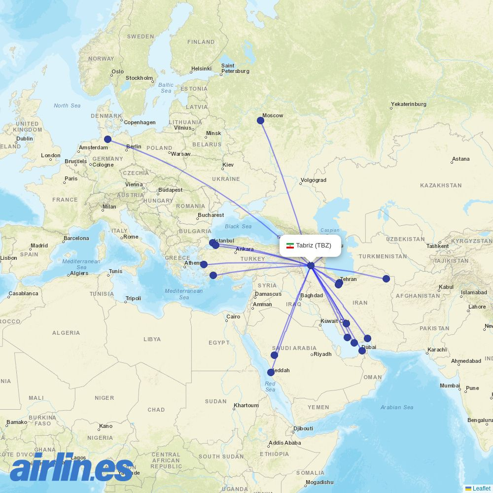 Azerbaijan Airlines from Tabriz International destination map