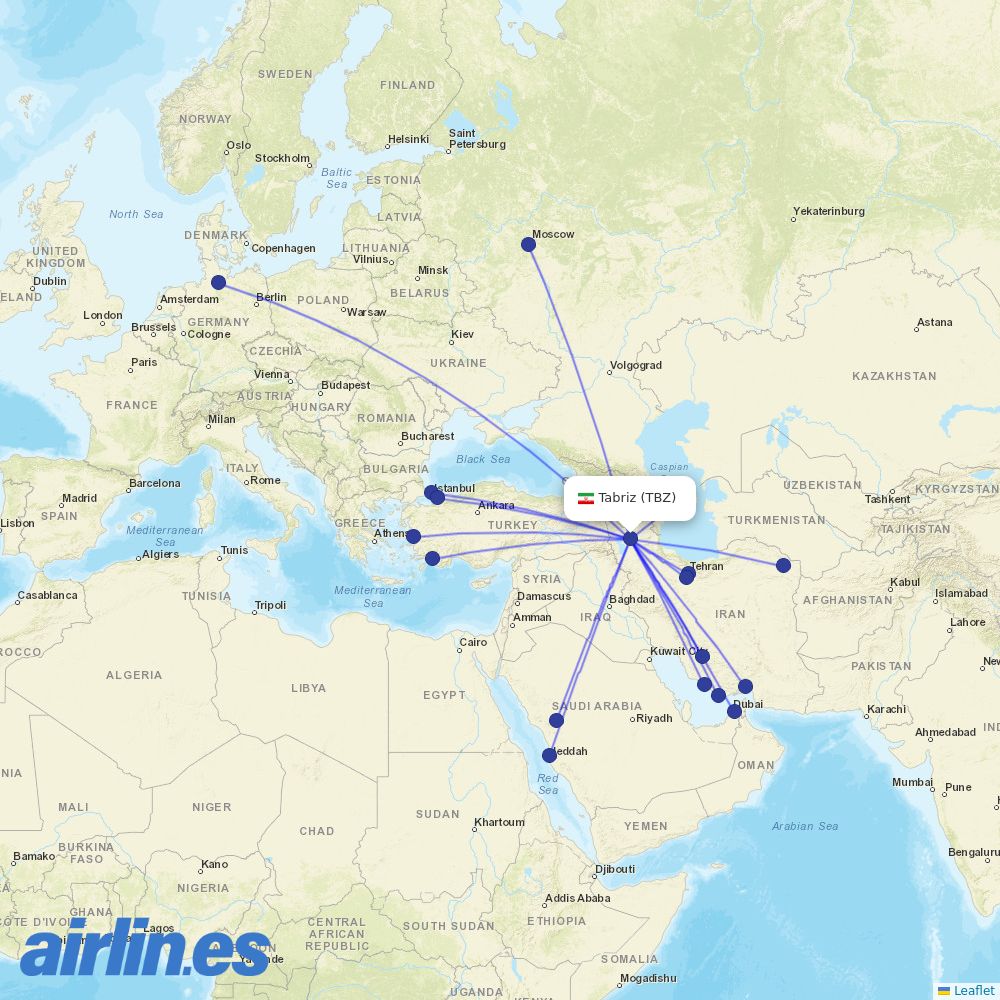 Qeshm Air from Tabriz International destination map