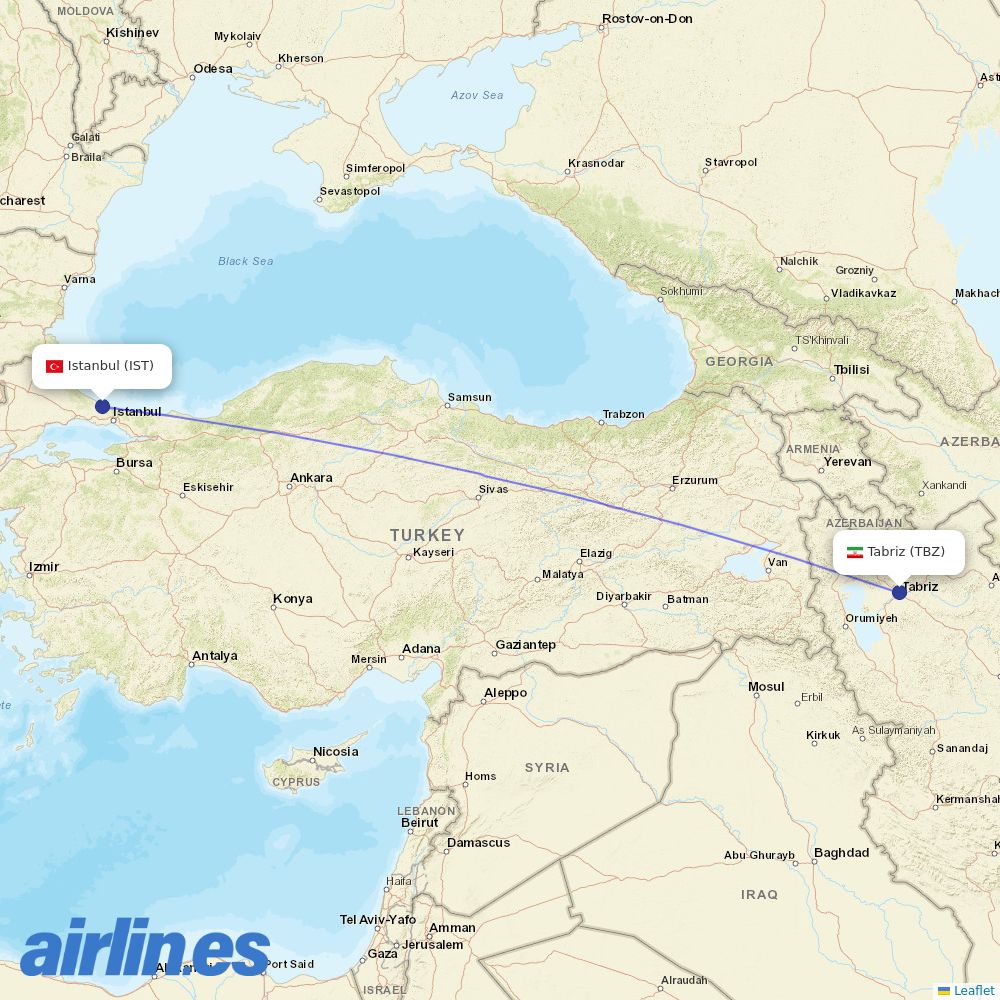 Turkish Airlines from Tabriz International destination map