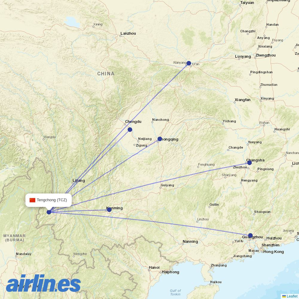 Sichuan Airlines from Tengchong Tuofeng Airport destination map