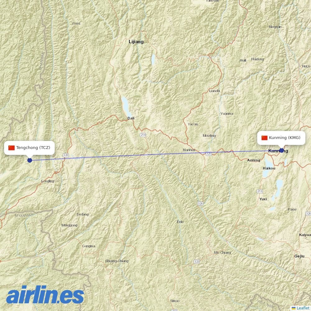 Lucky Air from Tengchong Tuofeng Airport destination map