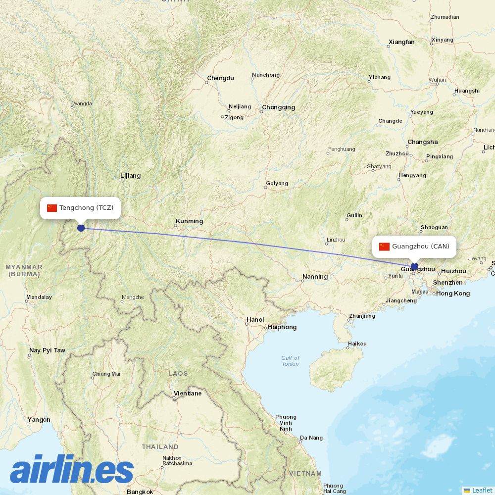China Southern Airlines from Tengchong Tuofeng Airport destination map