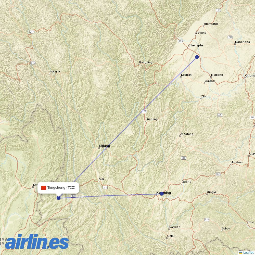 China Eastern Airlines from Tengchong Tuofeng Airport destination map