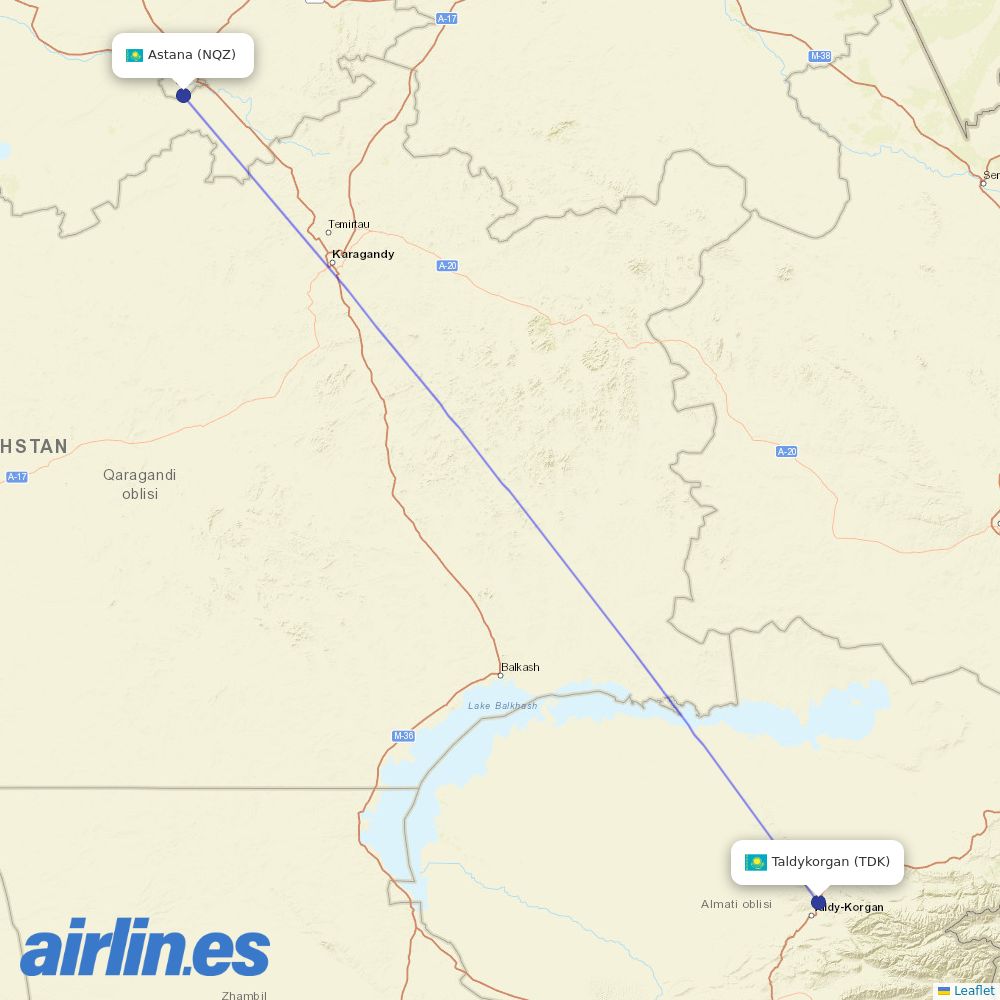 Qazaq Air at TDK route map