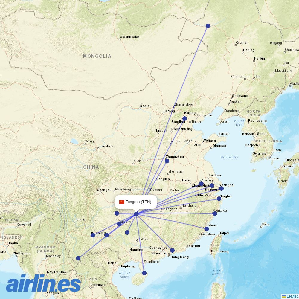 China United Airlines from Tongren destination map
