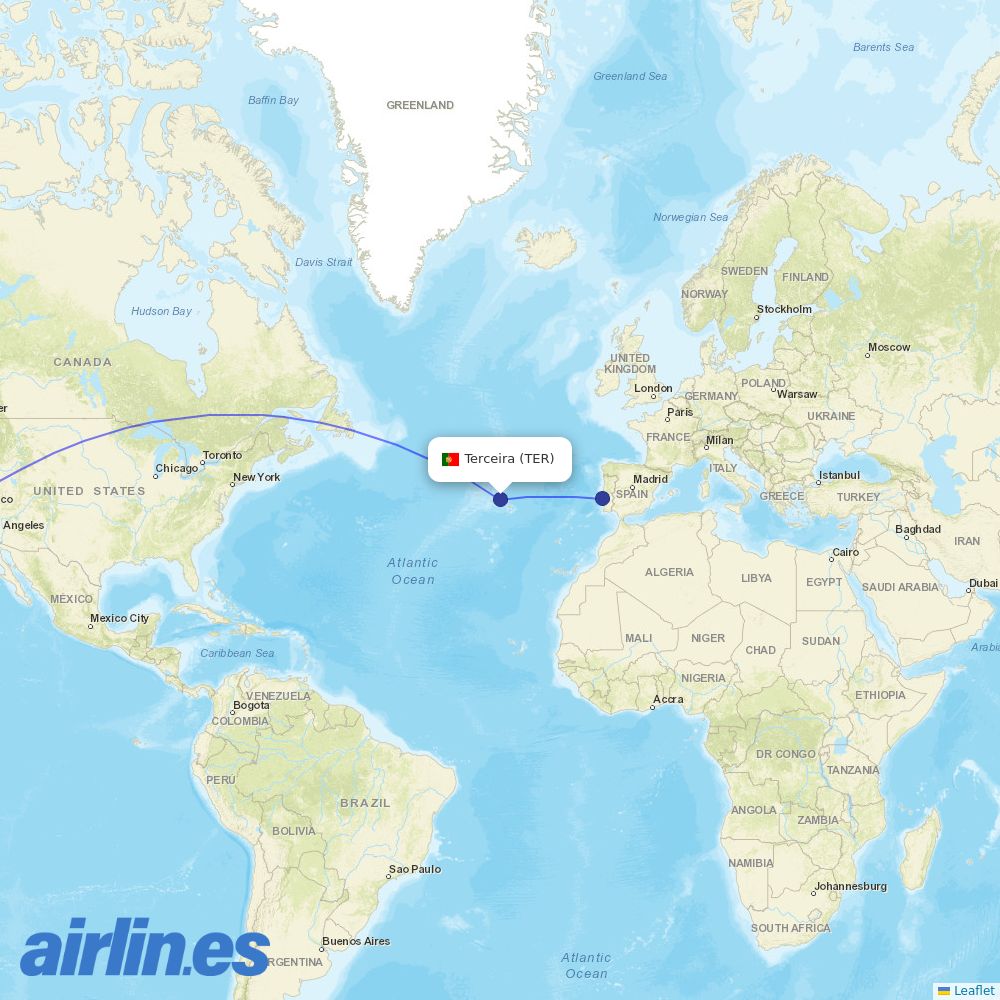 TAP Portugal from Terceira Island destination map
