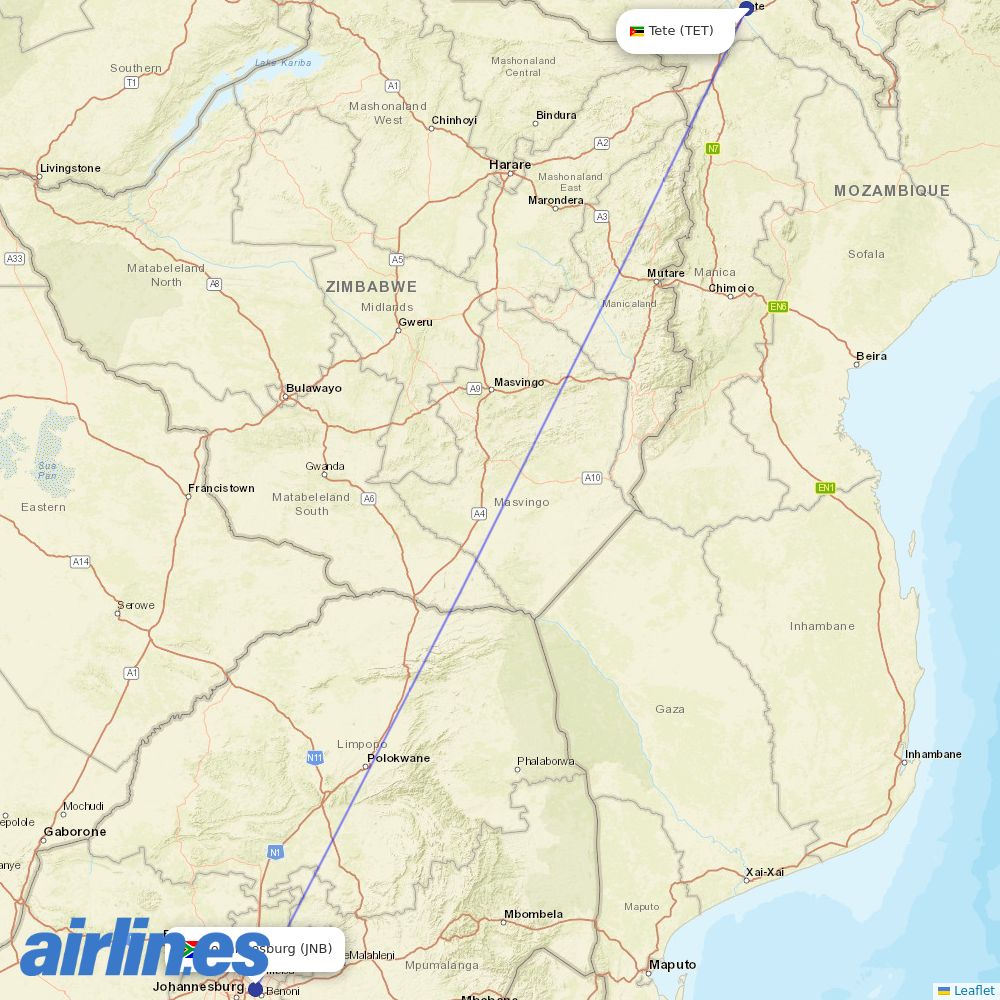 Airlink from Tete Chingozi destination map