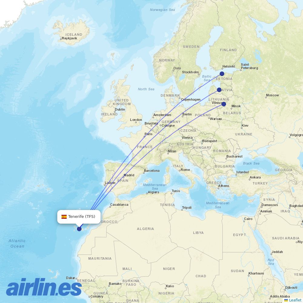 Air Baltic from Tenerife South Airport destination map