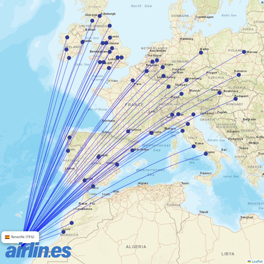 Ryanair from Tenerife South Airport destination map