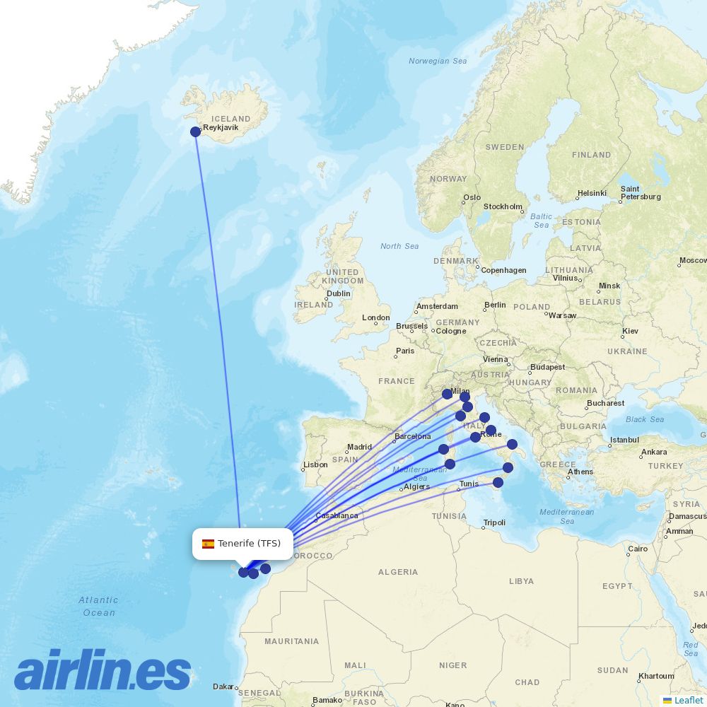 Neos from Tenerife South Airport destination map