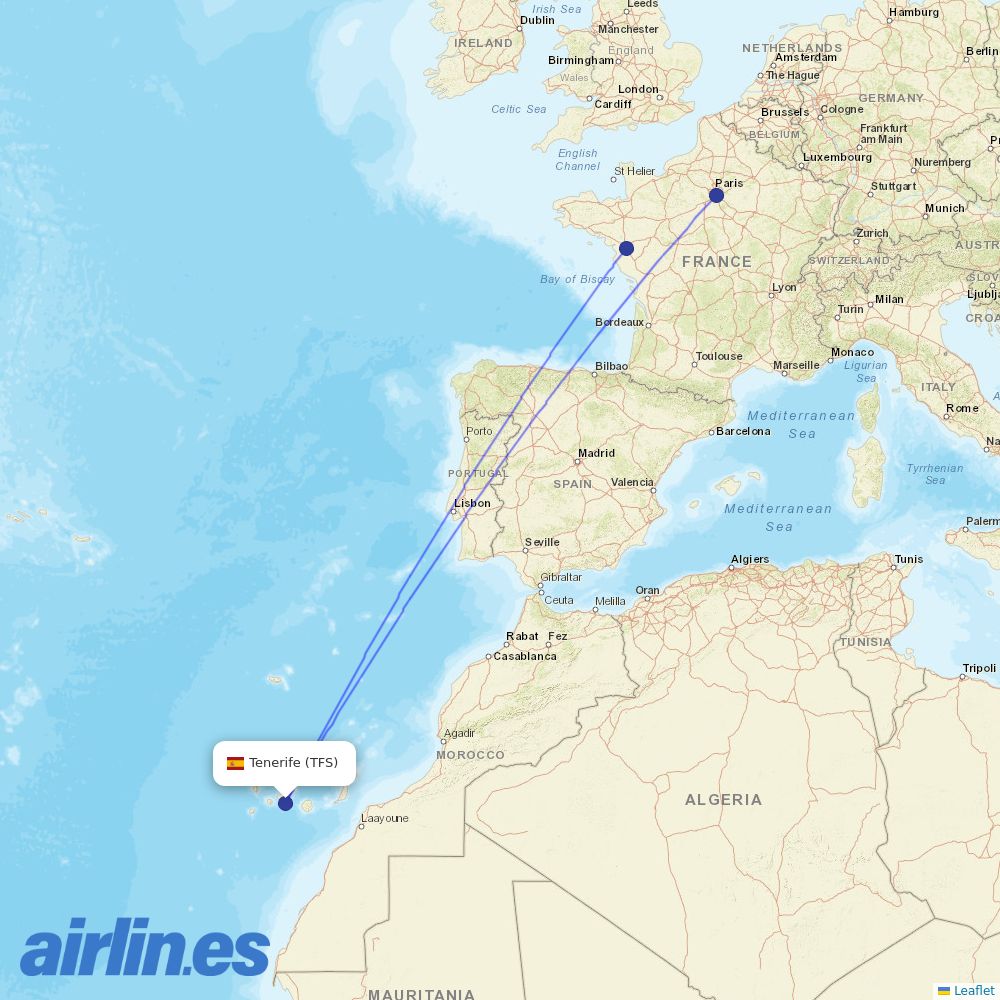 Transavia France from Tenerife South Airport destination map