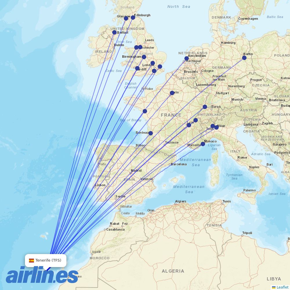 easyJet from Tenerife South Airport destination map