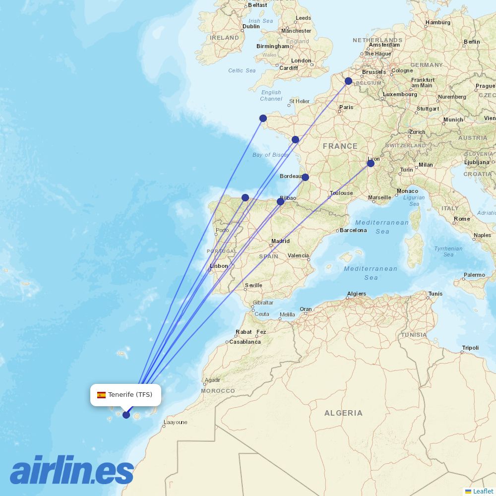 Volotea from Tenerife South Airport destination map