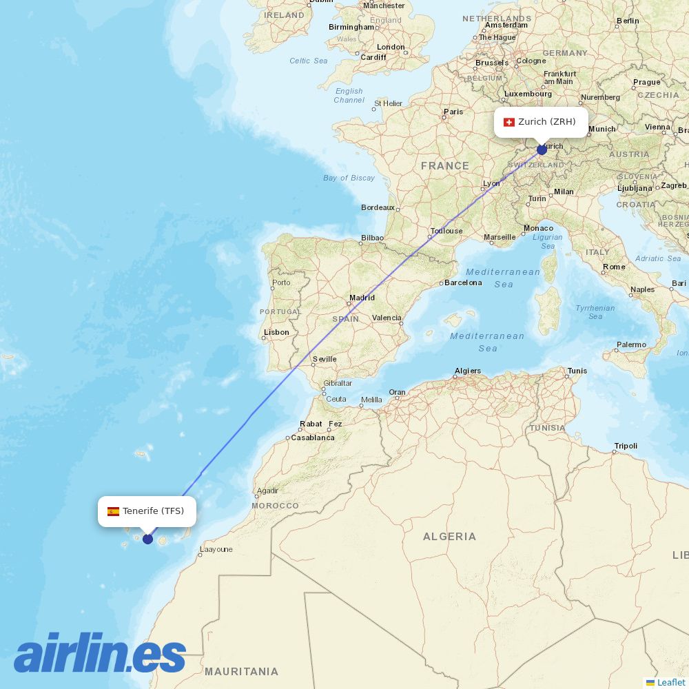 Edelweiss Air from Tenerife South Airport destination map