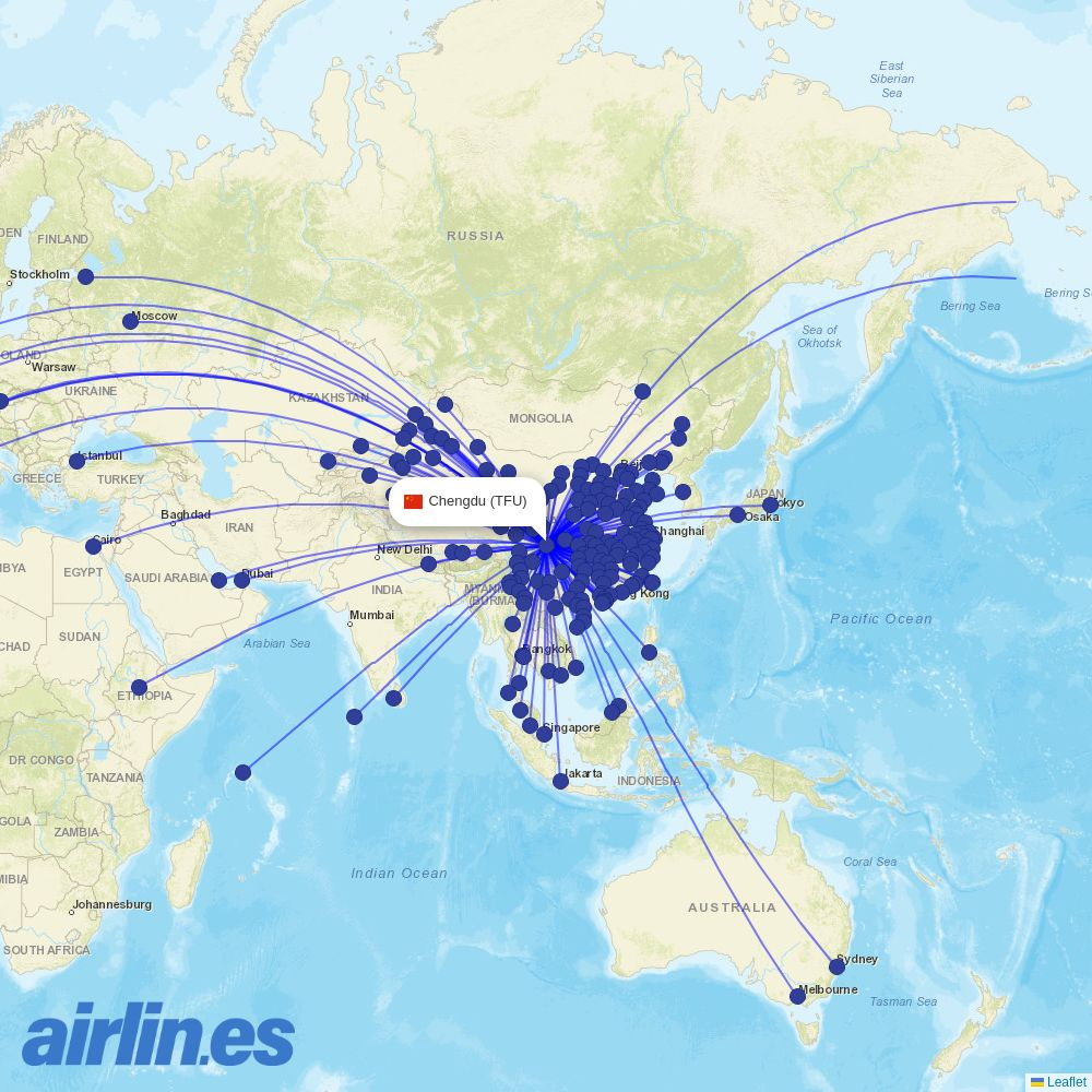Qingdao Airlines from Tianfu International Airport destination map
