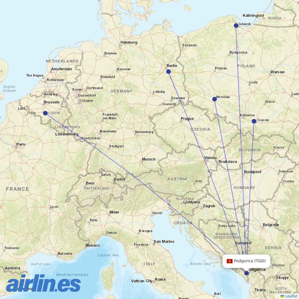 Ryanair from Podgorica destination map