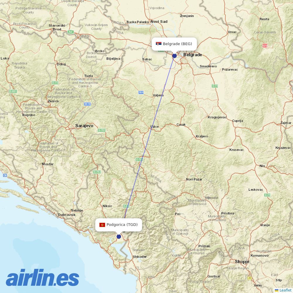 Air Serbia at TGD route map