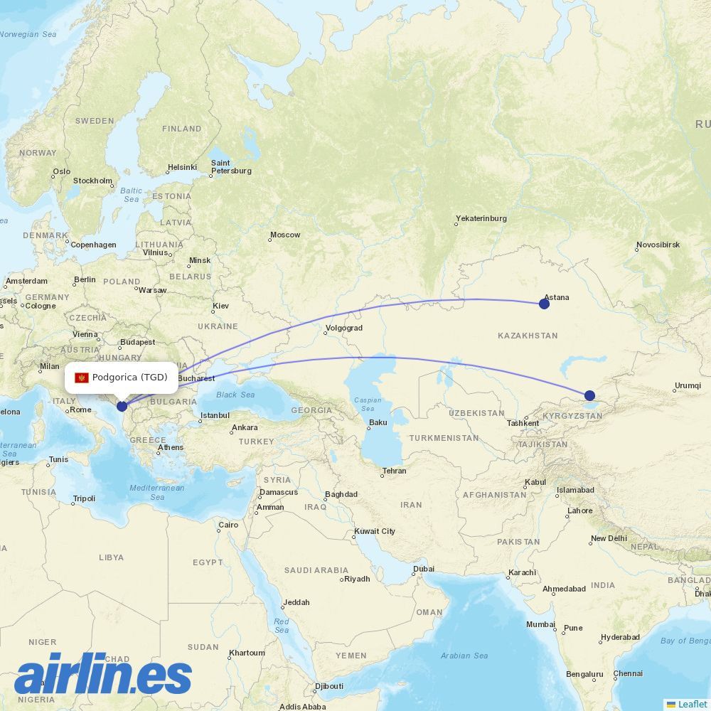 Air Astana from Podgorica destination map