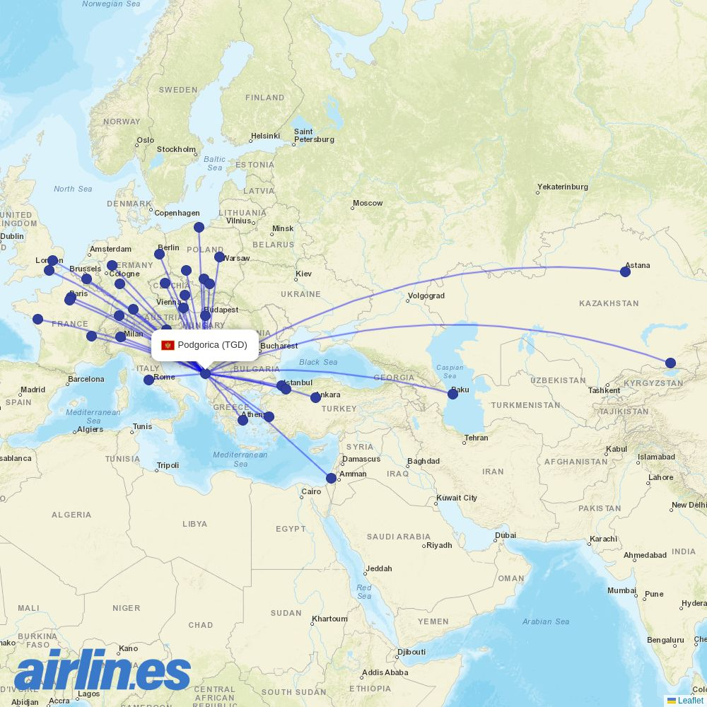 Pegasus from Podgorica destination map
