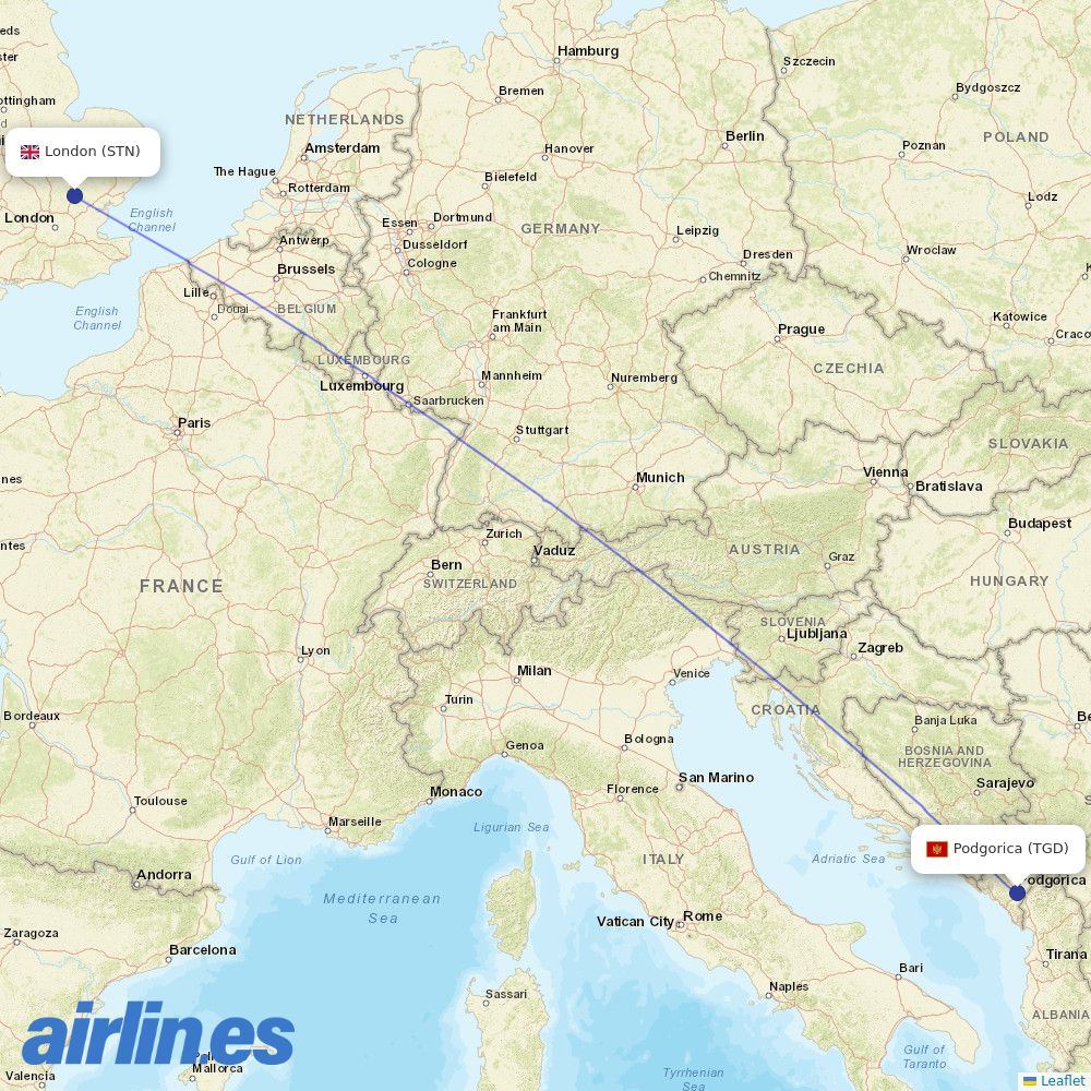 Ryanair UK from Podgorica destination map