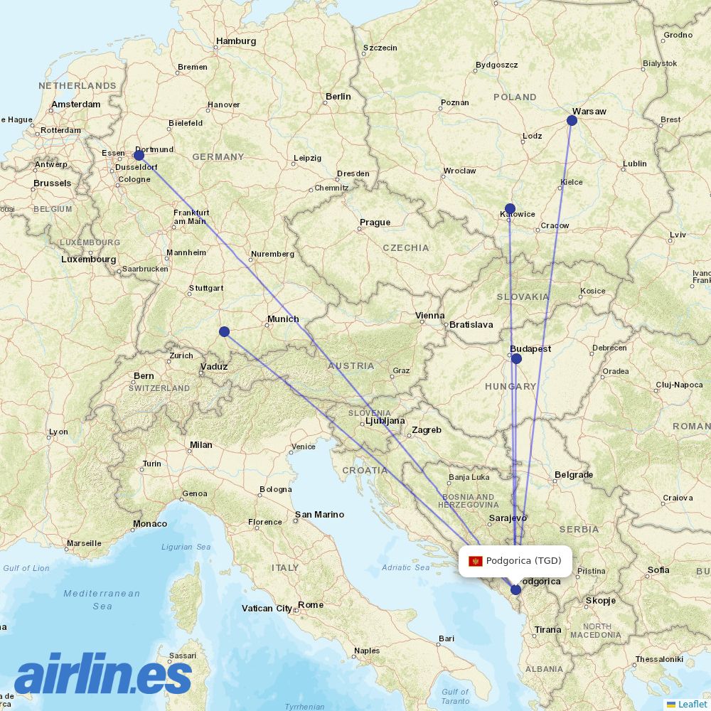 Wizz Air from Podgorica destination map