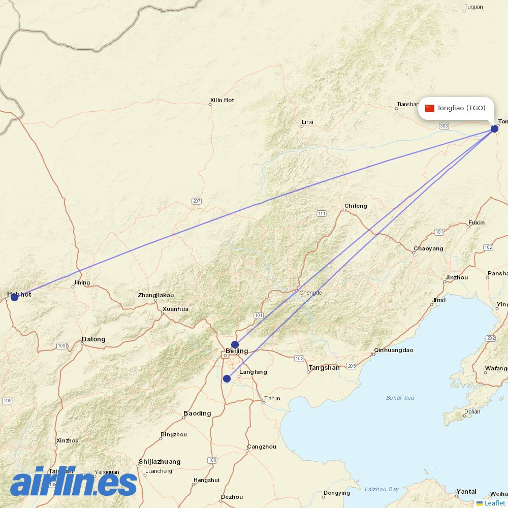 Air China from Tongliao Airport destination map