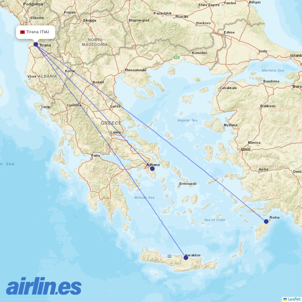 Aegean Airlines from Tirana International Airport Nënë Tereza destination map