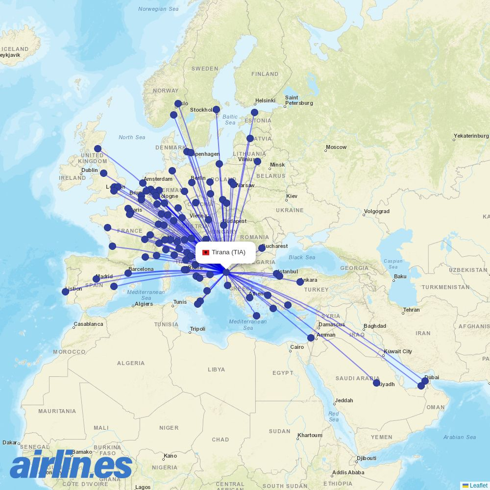 Ryanair from Tirana International Airport Nënë Tereza destination map