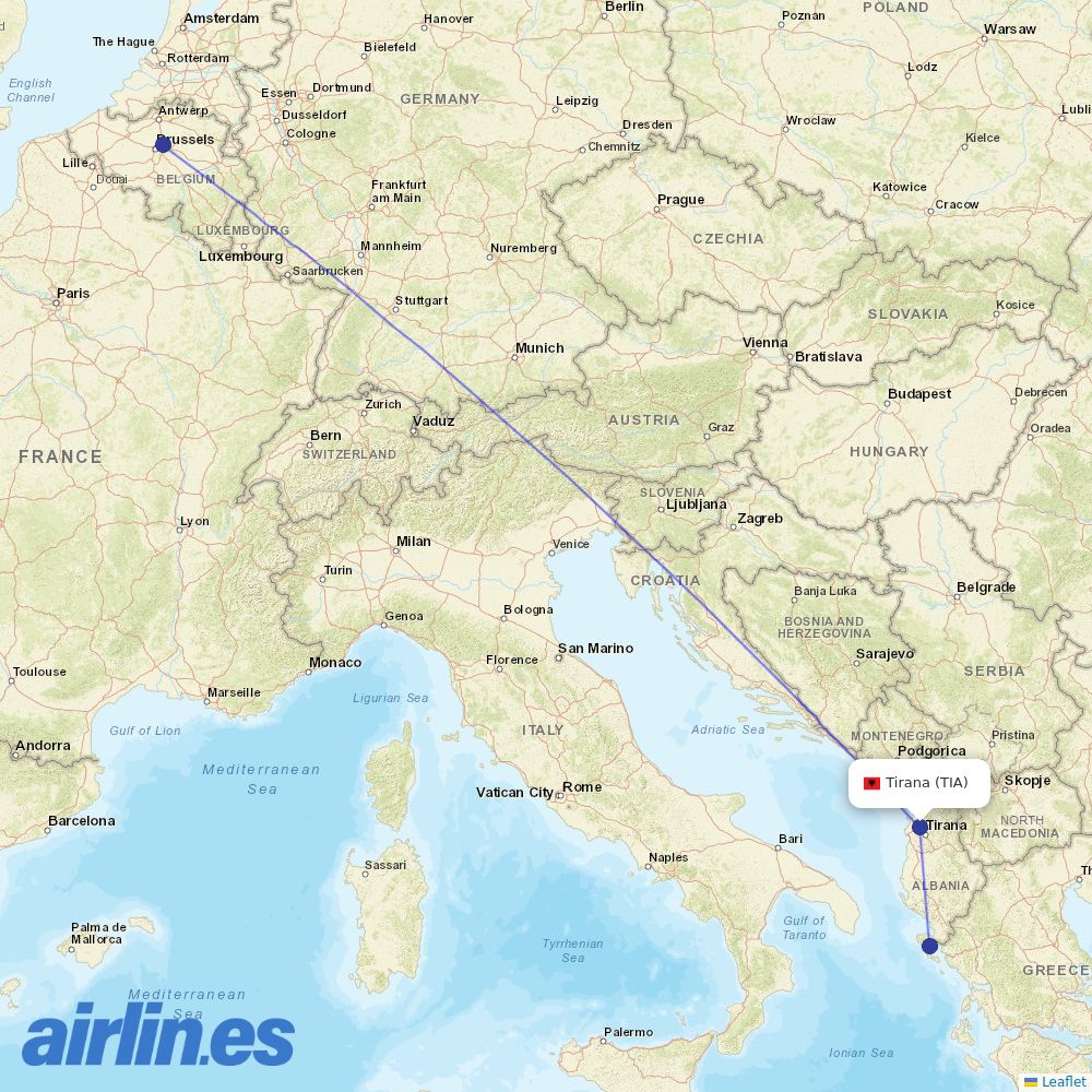 TUI fly Belgium from Tirana International Airport Nënë Tereza destination map