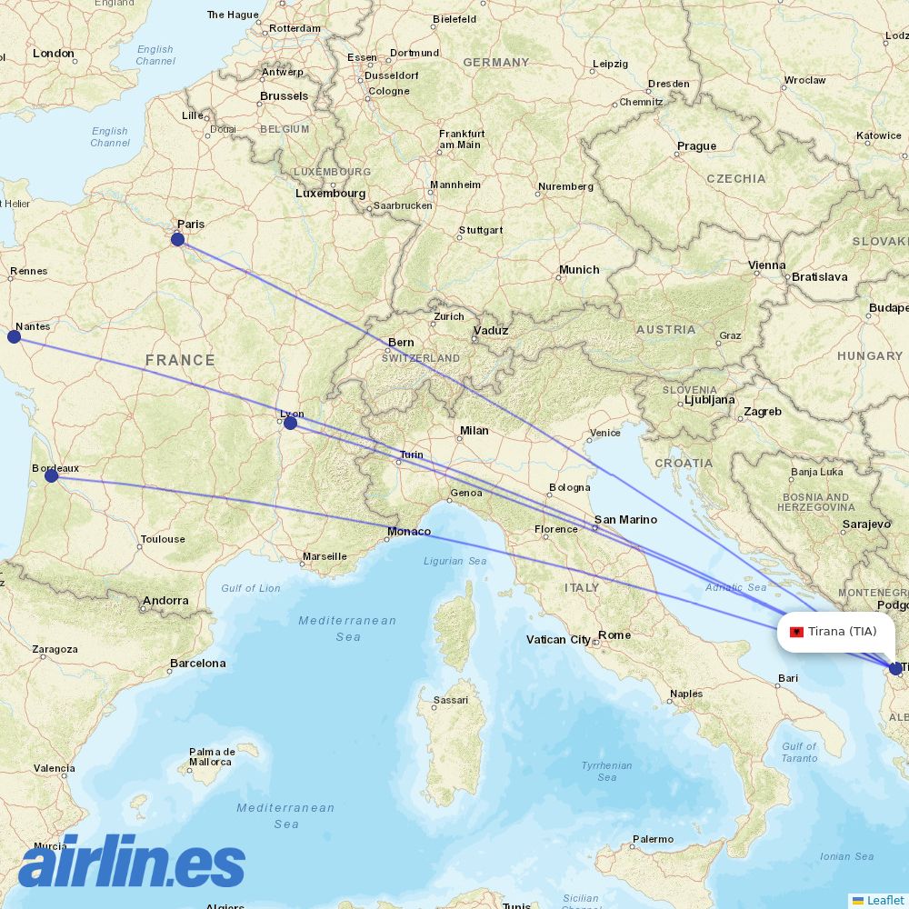 Transavia France from Tirana International Airport Nënë Tereza destination map