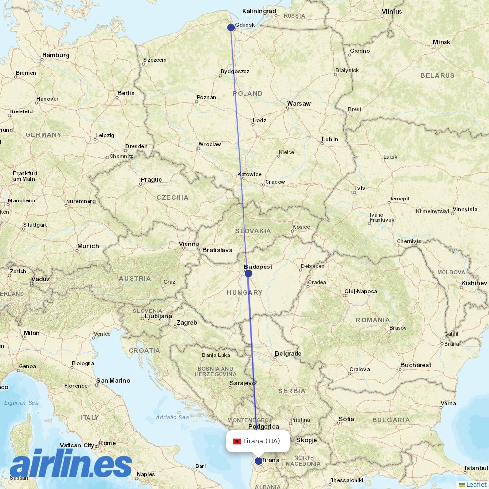 Wizz Air from Tirana International Airport Nënë Tereza destination map