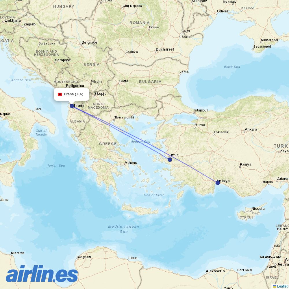 SunExpress from Tirana International Airport Nënë Tereza destination map