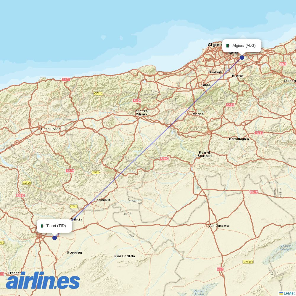 Air Algerie from Bou Chekif destination map