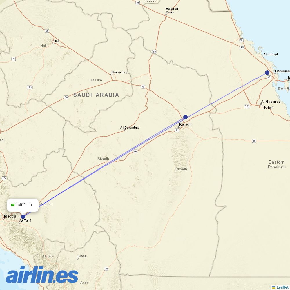 Flynas from Taif destination map