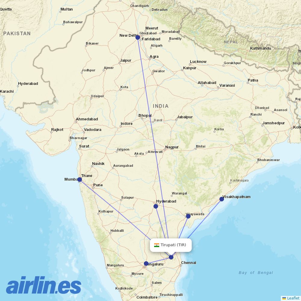 IndiGo from Tirupati destination map
