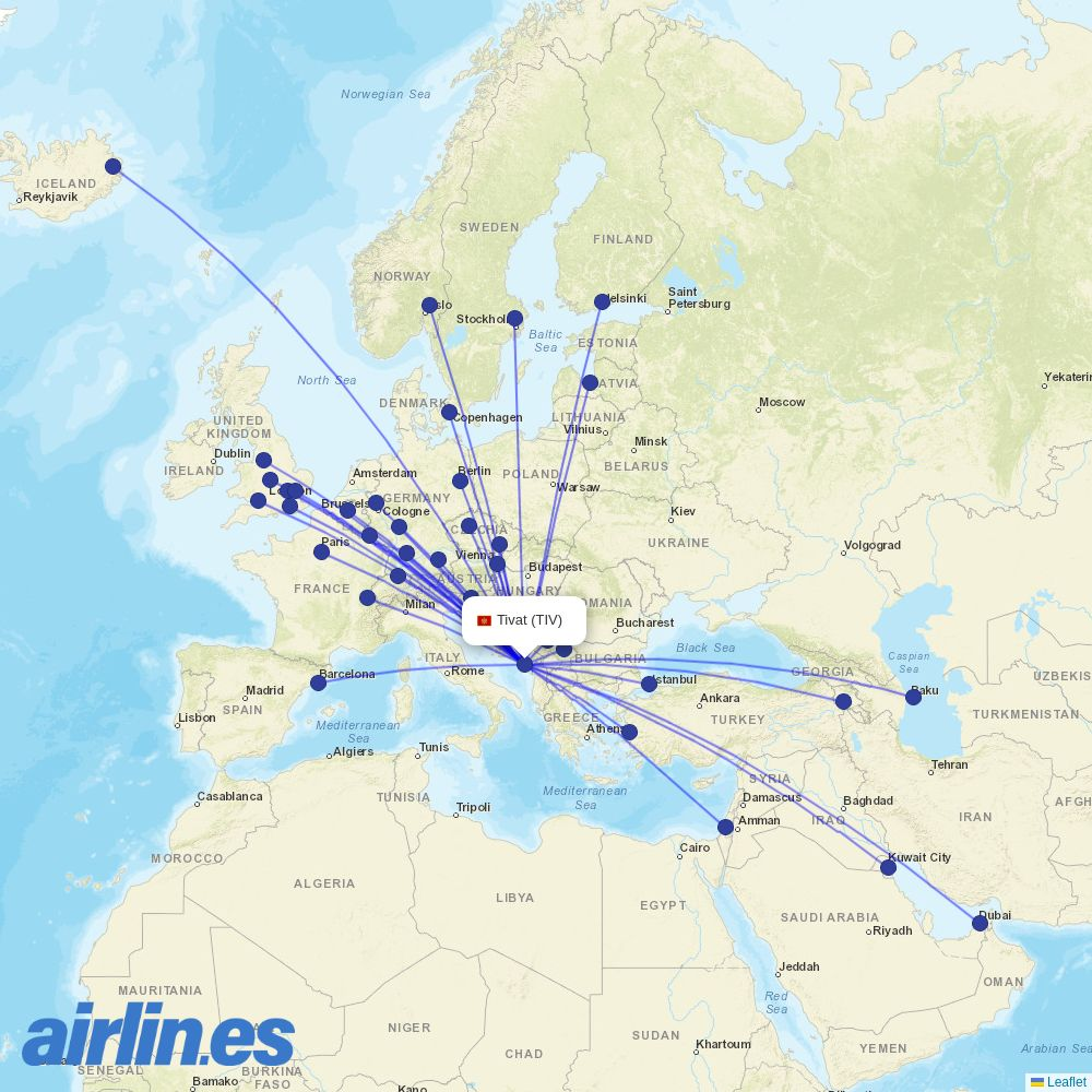 Jazeera Airways from Tivat destination map