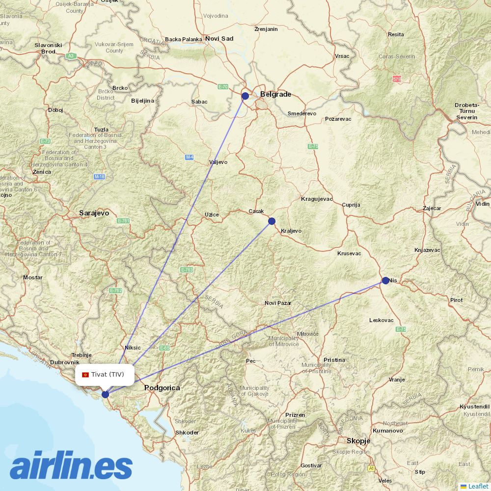 Air Serbia at TIV route map