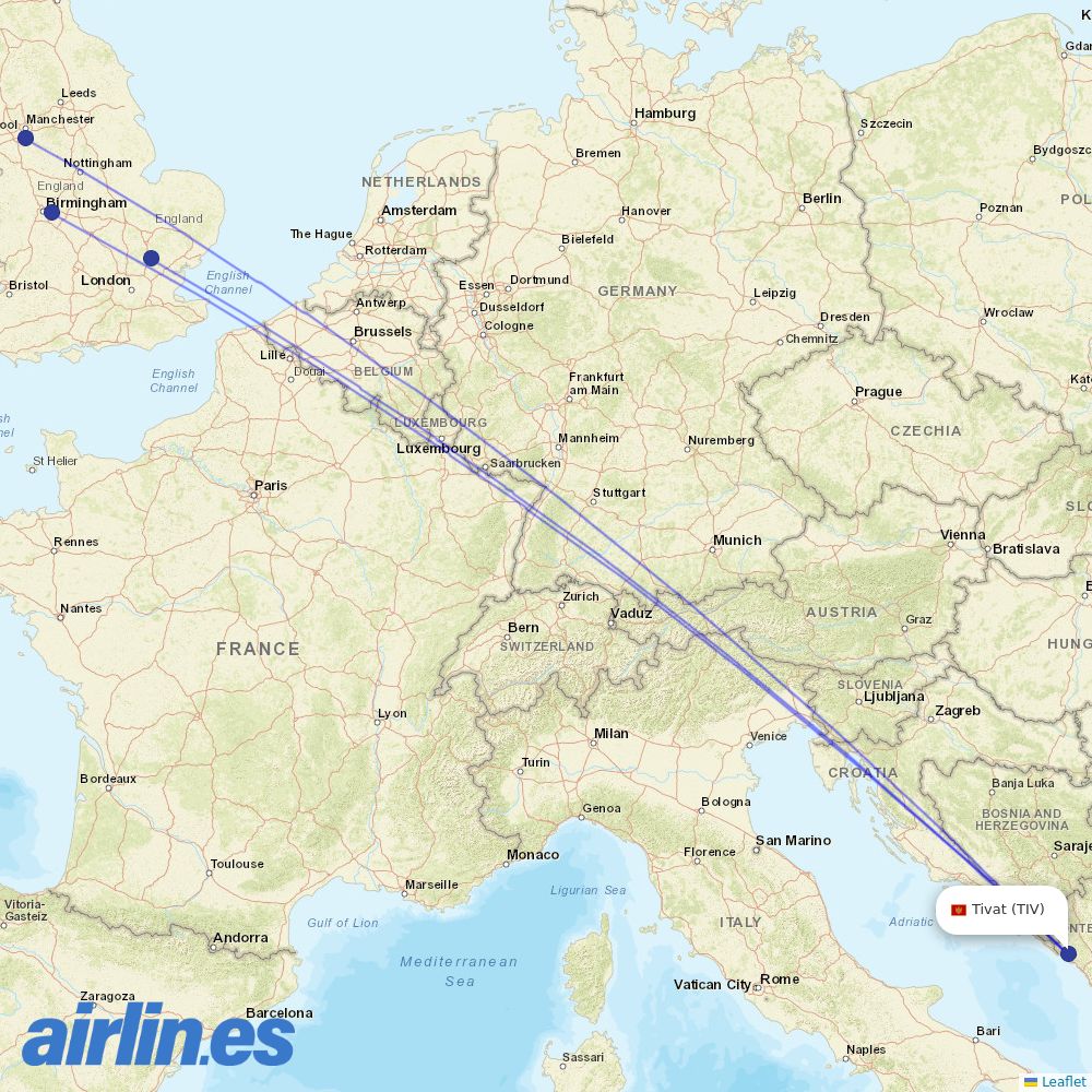 Jet2 from Tivat destination map