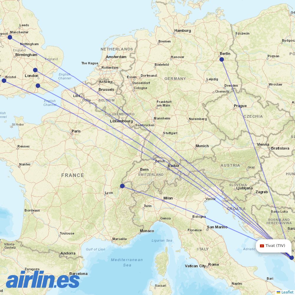 easyJet from Tivat destination map