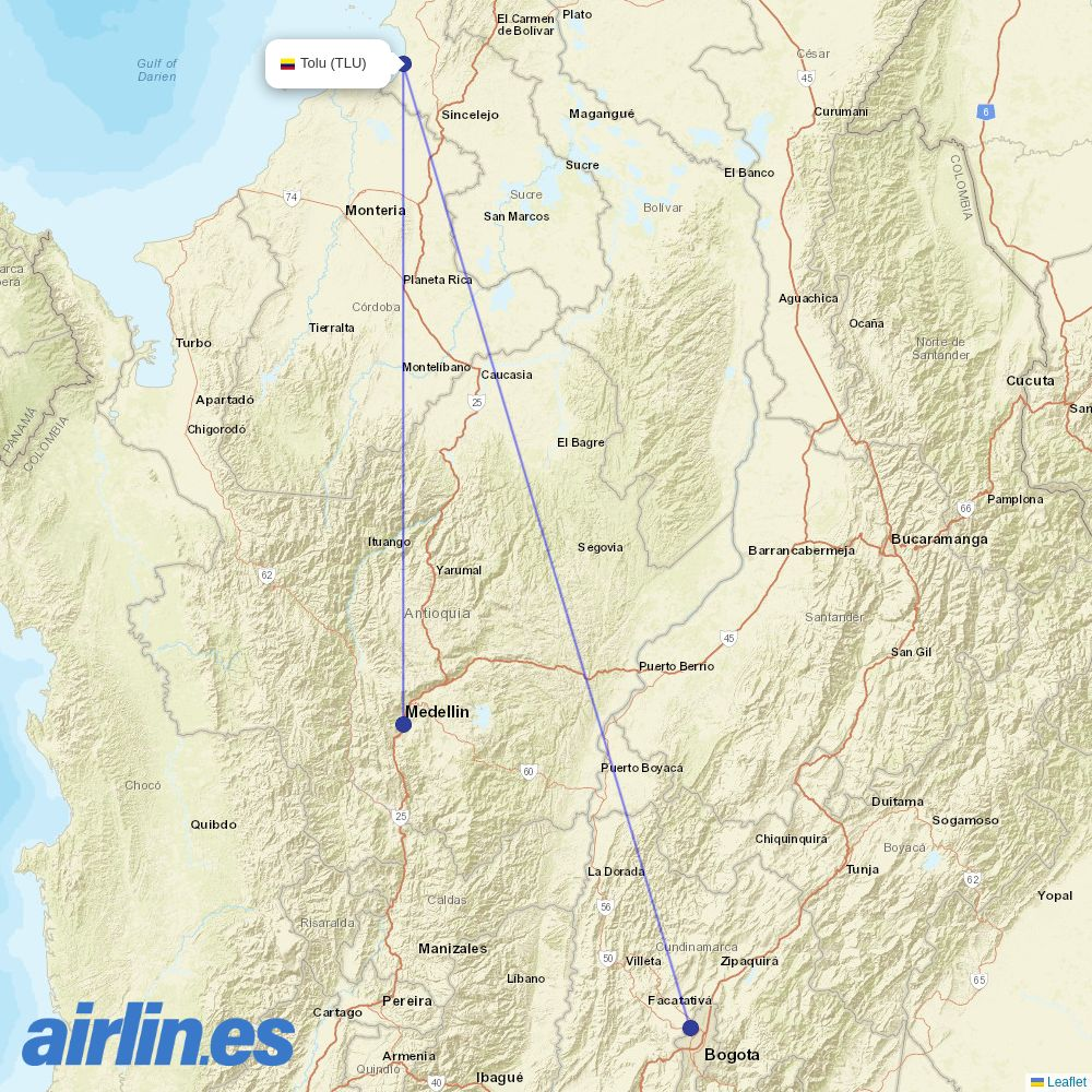 SATENA from Golfo de Morrosquillo Airport destination map