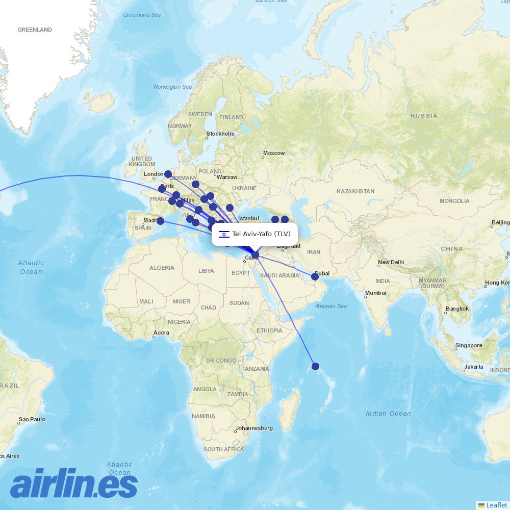 Arkia Israeli Airlines from Ben Gurion International Airport destination map