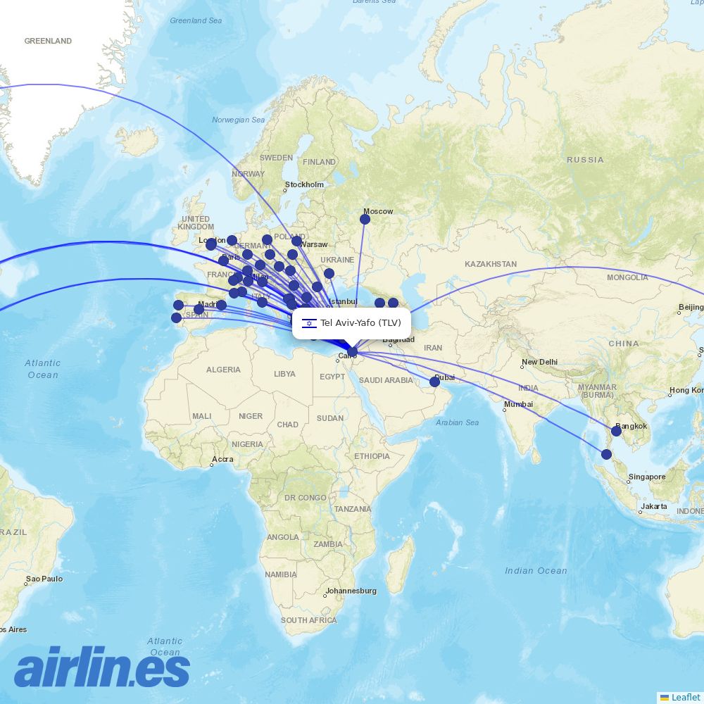 El Al from Ben Gurion International Airport destination map