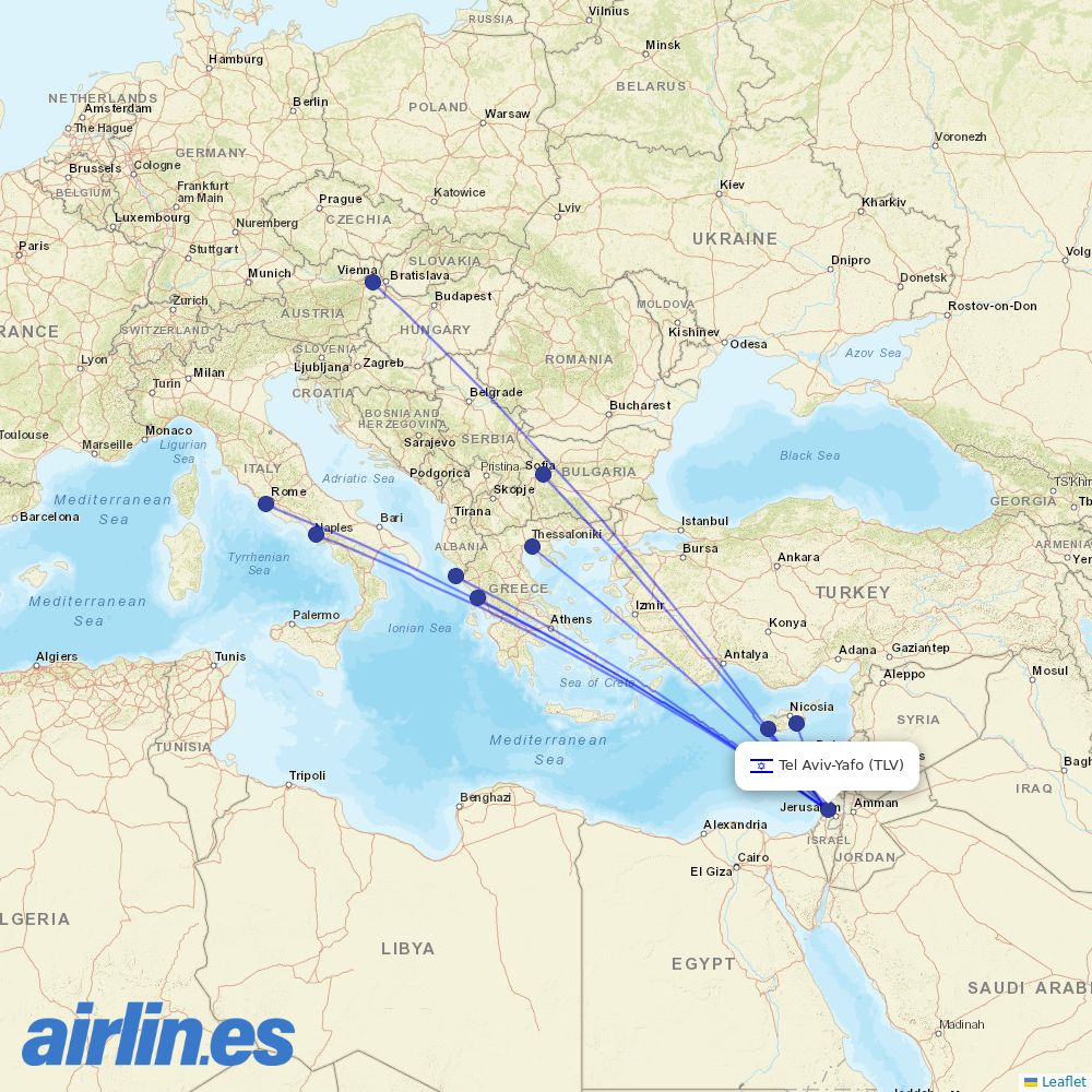 TUS Airways from Ben Gurion International Airport destination map