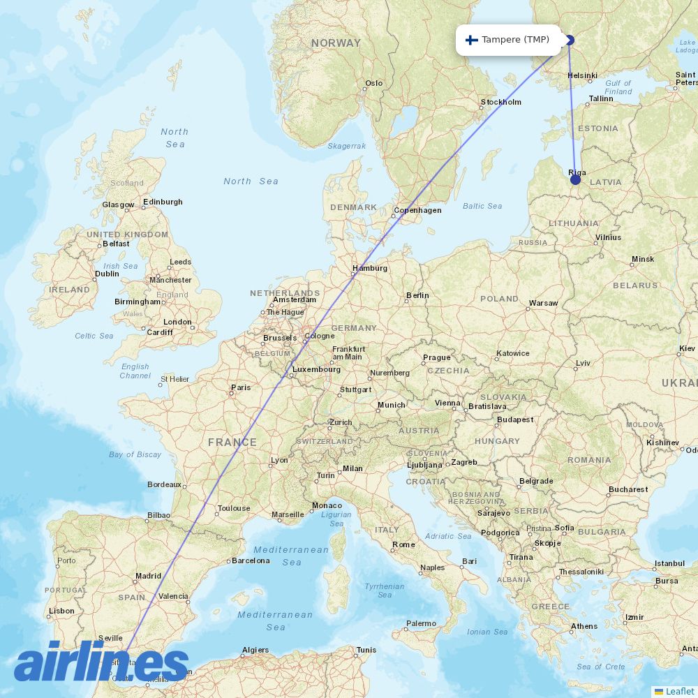 Air Baltic from Tampere Pirkkala destination map